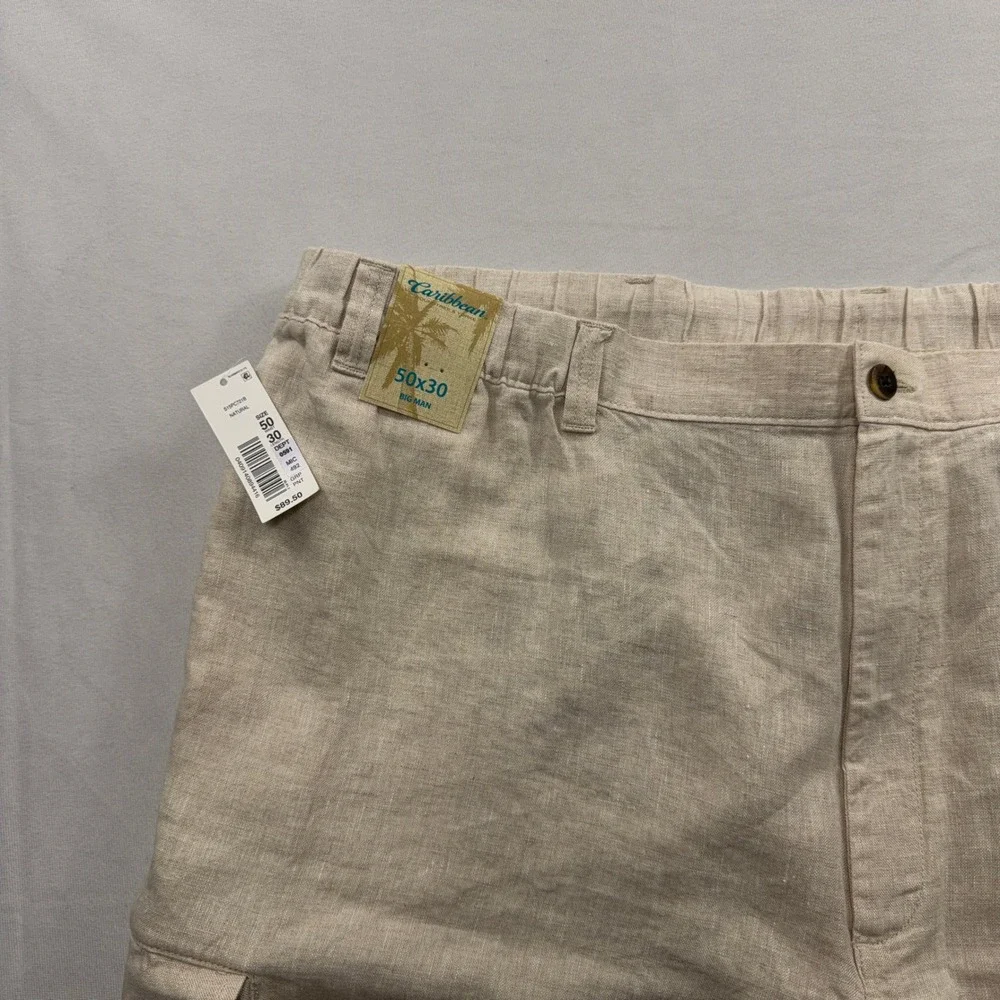Caribbean Cargo Pants 100% Linen Elastic Waist Natural Mens 50x30 NWT